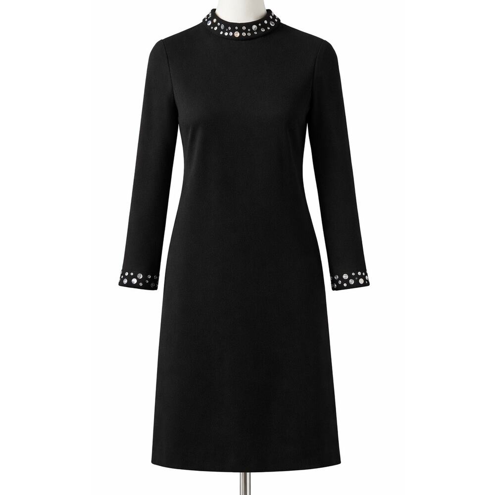 Vtg R&K Originals Black Knit Shift Dress Silver Stud Mod L/S Women 8 1960s